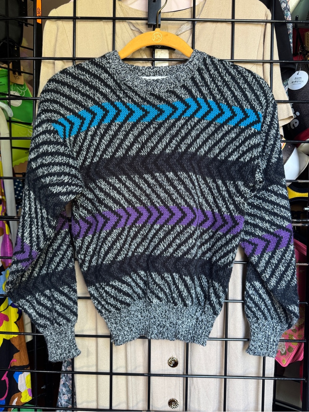 VTG Striped Chevron Crewneck Sweater in Black, Gray, Blue & Purple
